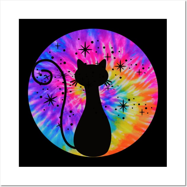Tie Dye Black Cat: Rainbow Pink Trippy Hippie, Boho Psychedelic, Retro Vintage Sunset Vibe Wall Art by ThePinkPrincessShop